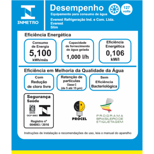 Etiqueta do INMETRO do Purificador Soft By Everest Slim, com consumo de energia e capacidade de água gelada comprovados