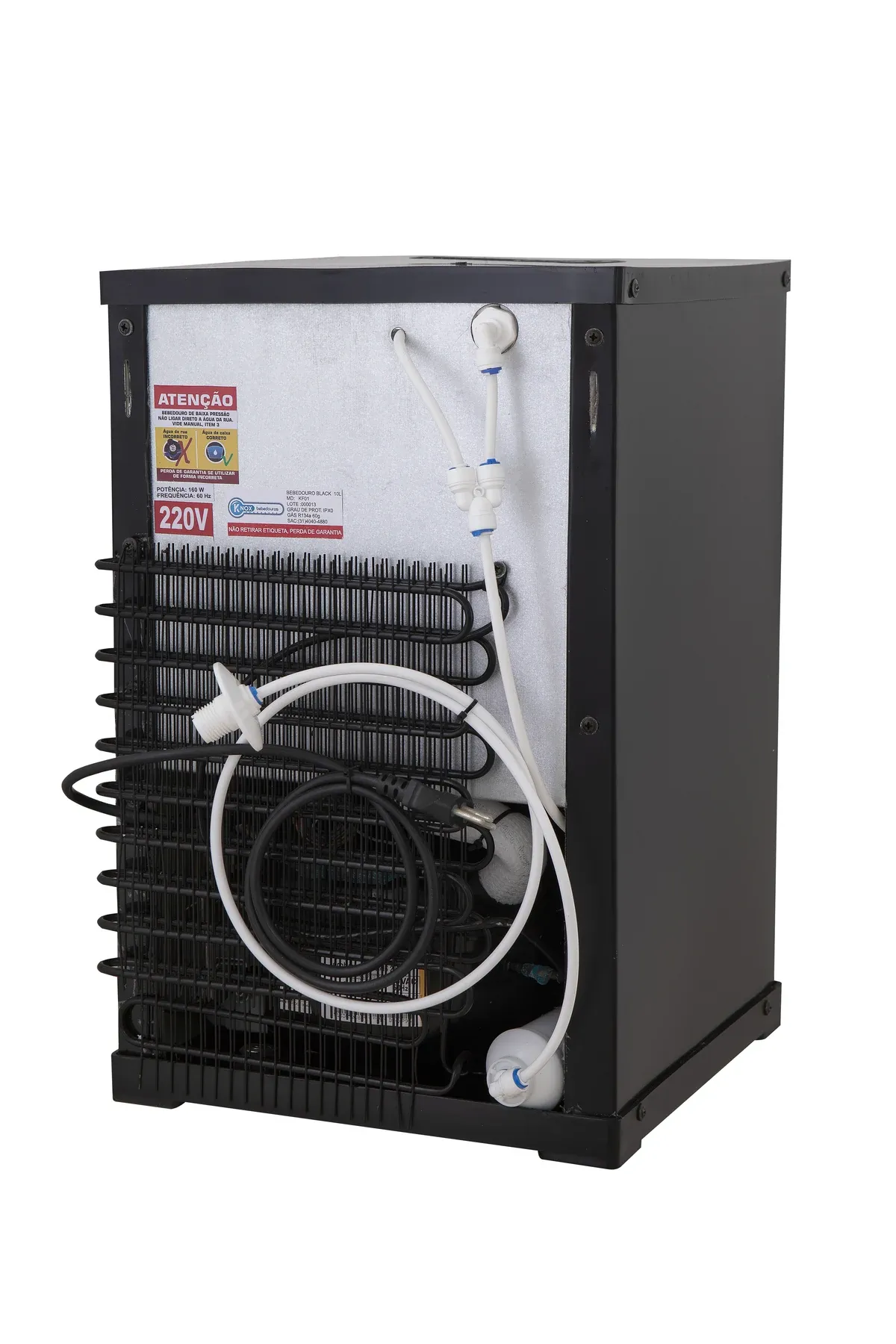 Vista traseira do Knox KX01 Black com a etiqueta técnica de 160 W, 60 Hz e aviso de ligação