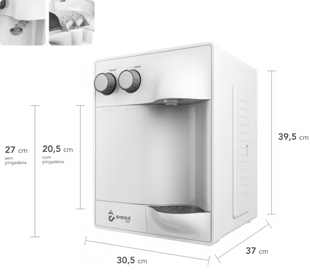 Purificador Soft By Everest Star Branco em perspectiva, com as medidas 39,5 cm de altura, 30,5 cm de largura e 37 cm de profundidade