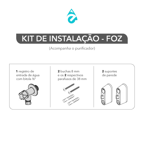 Kit de instalação que acompanha o Purificador Soft By Everest Foz, com registro, buchas, parafusos e suportes de parede