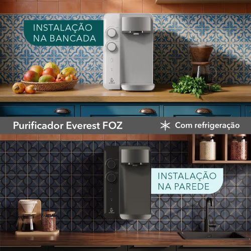 Purificador Soft By Everest Foz instalado na bancada da cozinha ou na parede