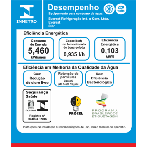 Etiqueta do INMETRO do Purificador Soft By Everest Star, com consumo de energia e capacidade de água gelada comprovados