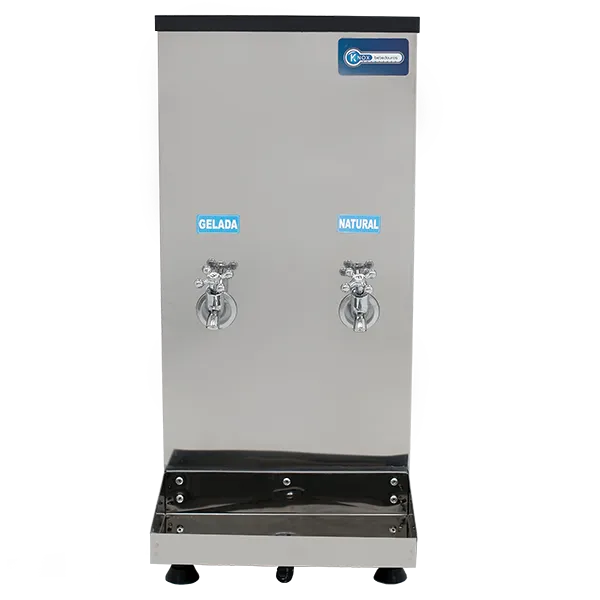 Vista frontal do Bebedouro Industrial Knox KF02B inox 25 litros, com as torneiras de água gelada e natural
