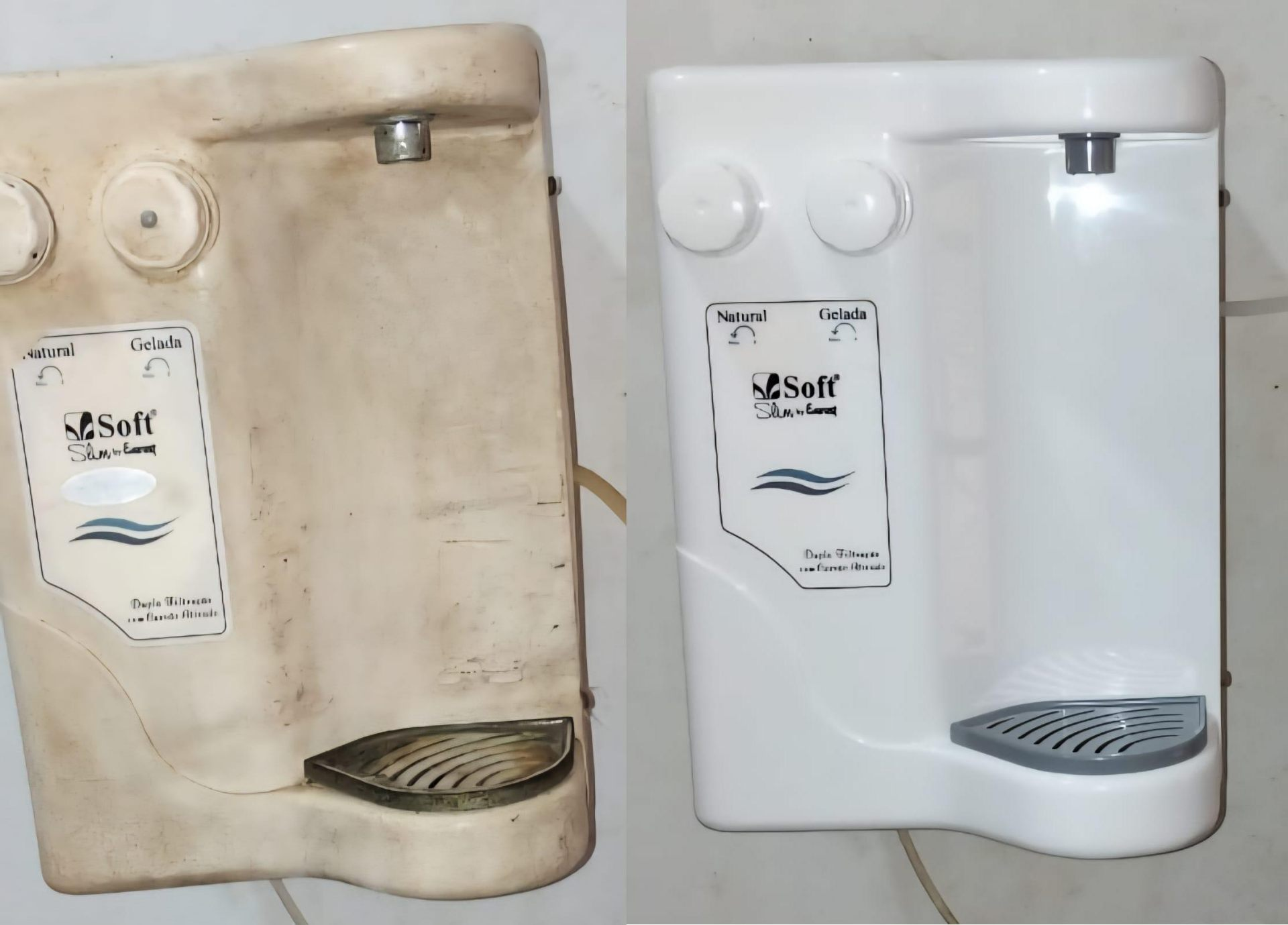 Purificador restaurado pela L'acqua: antes sujo e depois como novo