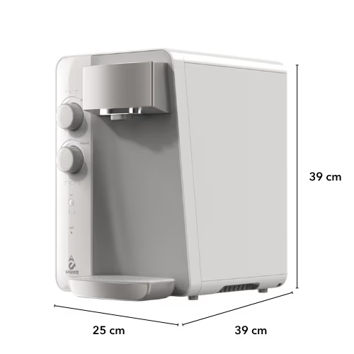 Purificador Soft By Everest Foz Branco em perspectiva, com as medidas 39 cm de altura, 25 cm de largura e 39 cm de profundidade