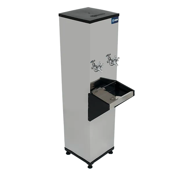 Bebedouro Knox KF02 de coluna em perspectiva, com destaque para as torneiras e a bandeja coletora em aço inox