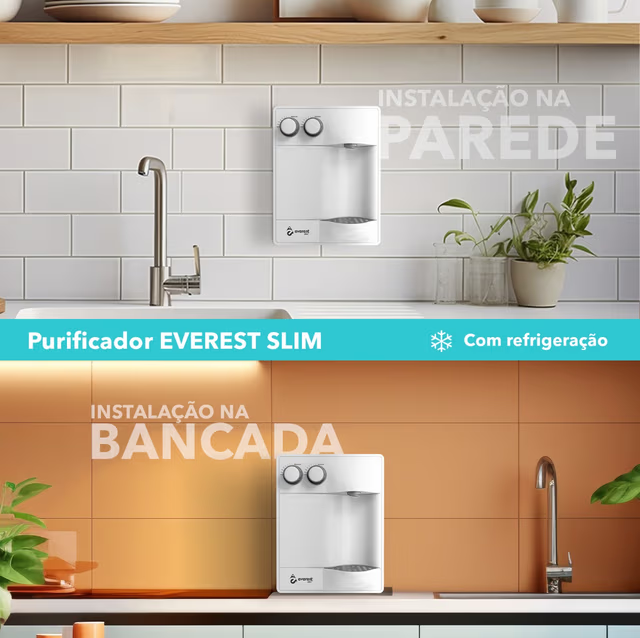 Purificador Soft By Everest Slim instalado na bancada da cozinha ou na parede