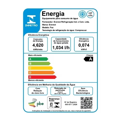Etiqueta do INMETRO do Purificador Soft By Everest Foz, com o Selo Classe A de eficiência energética