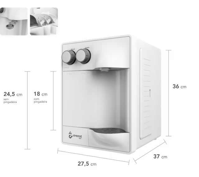 Purificador Soft By Everest Slim em perspectiva, com as medidas 36 cm de altura, 27,5 cm de largura e 37 cm de profundidade